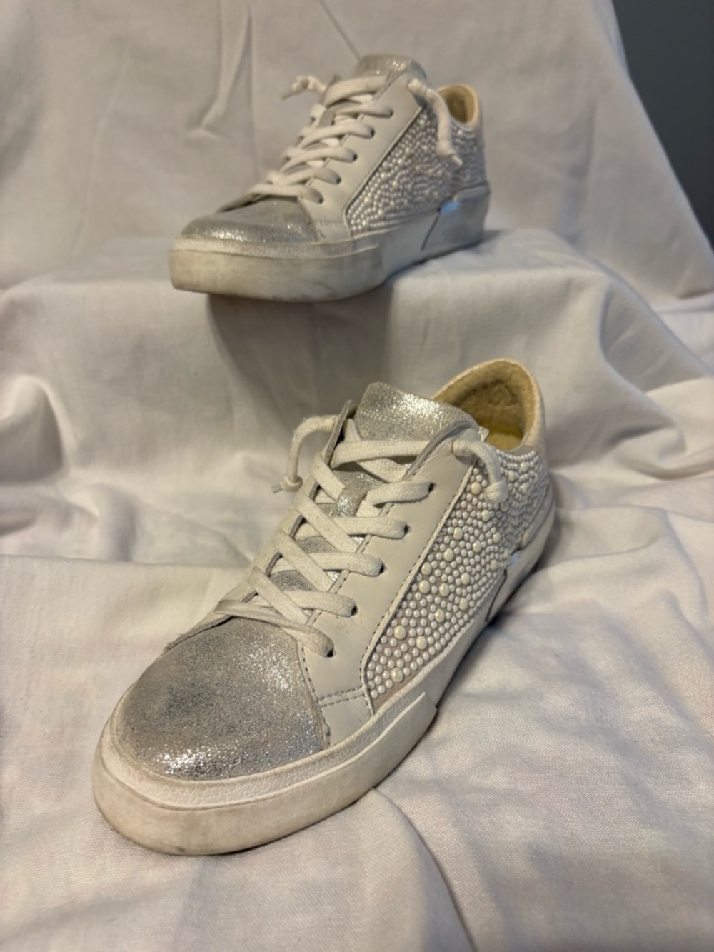 Dolce Vita Silver Glitter & Pearl-Embellished White Sneakers